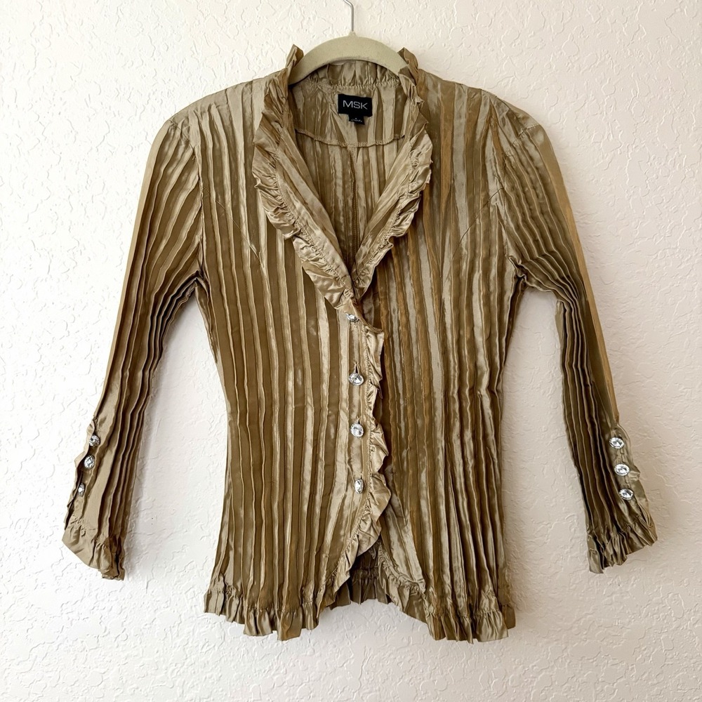MSK Button Down Crinkle Top Pleated Shirt Small Gold Beige Victorian Artsy Chic